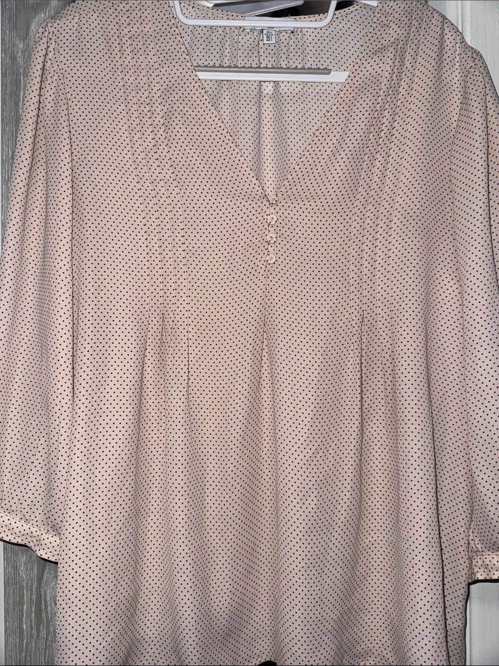 Blush Pink Polka Dot V-Neck Blouse with Button Trim